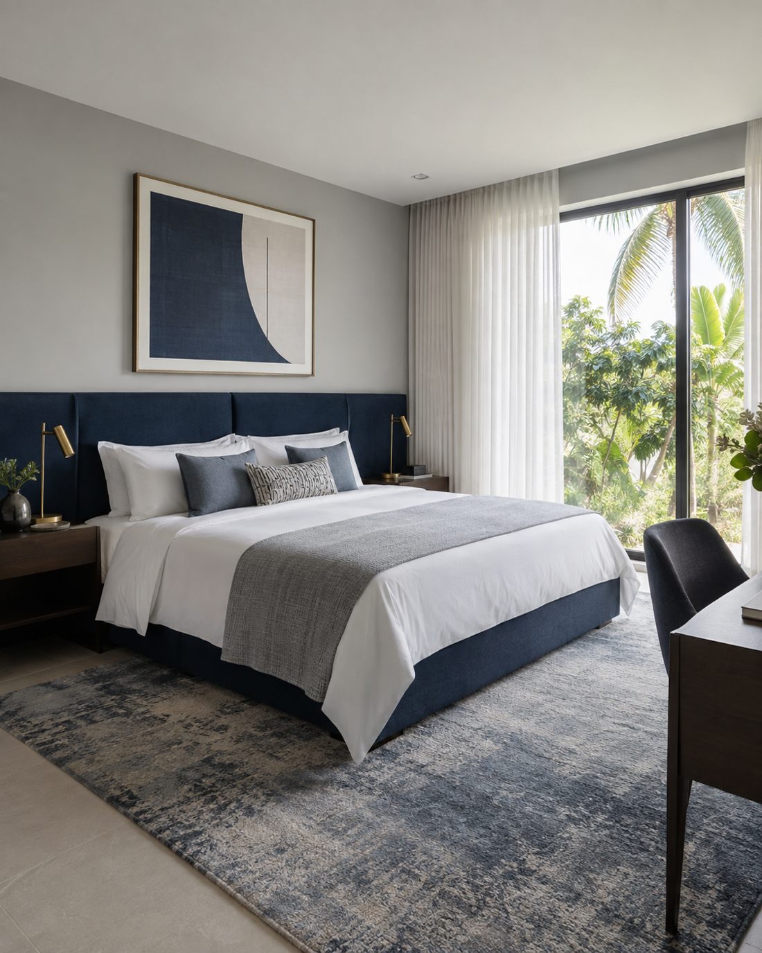 Chambre avec tête de lit bleu nuit, linge blanc, tapis gris-bleu et grande baie vitrée sur les palmiers