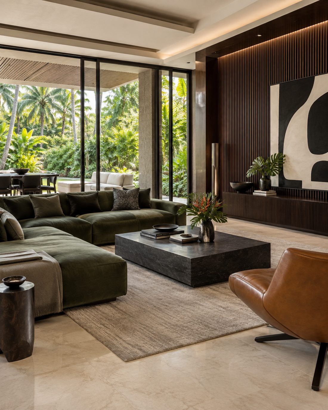 Grand salon ouvert sur un jardin tropical, canapé en velours vert, table basse en pierre sombre et fauteuil en cuir